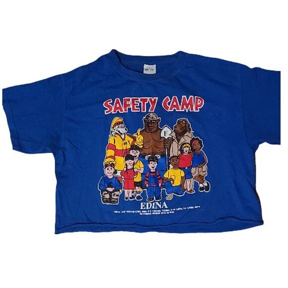 Safety Camp Crop Top Tee Shirt Blue Red Yellow - Picture 1 of 6